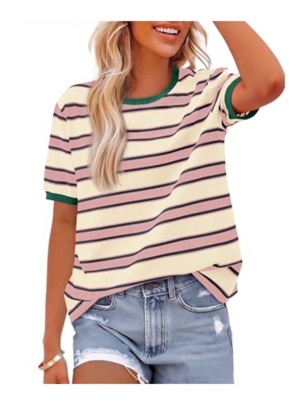 Womens Striped Short Sleeve Top Crew Neck Loose Fit Summer Tee